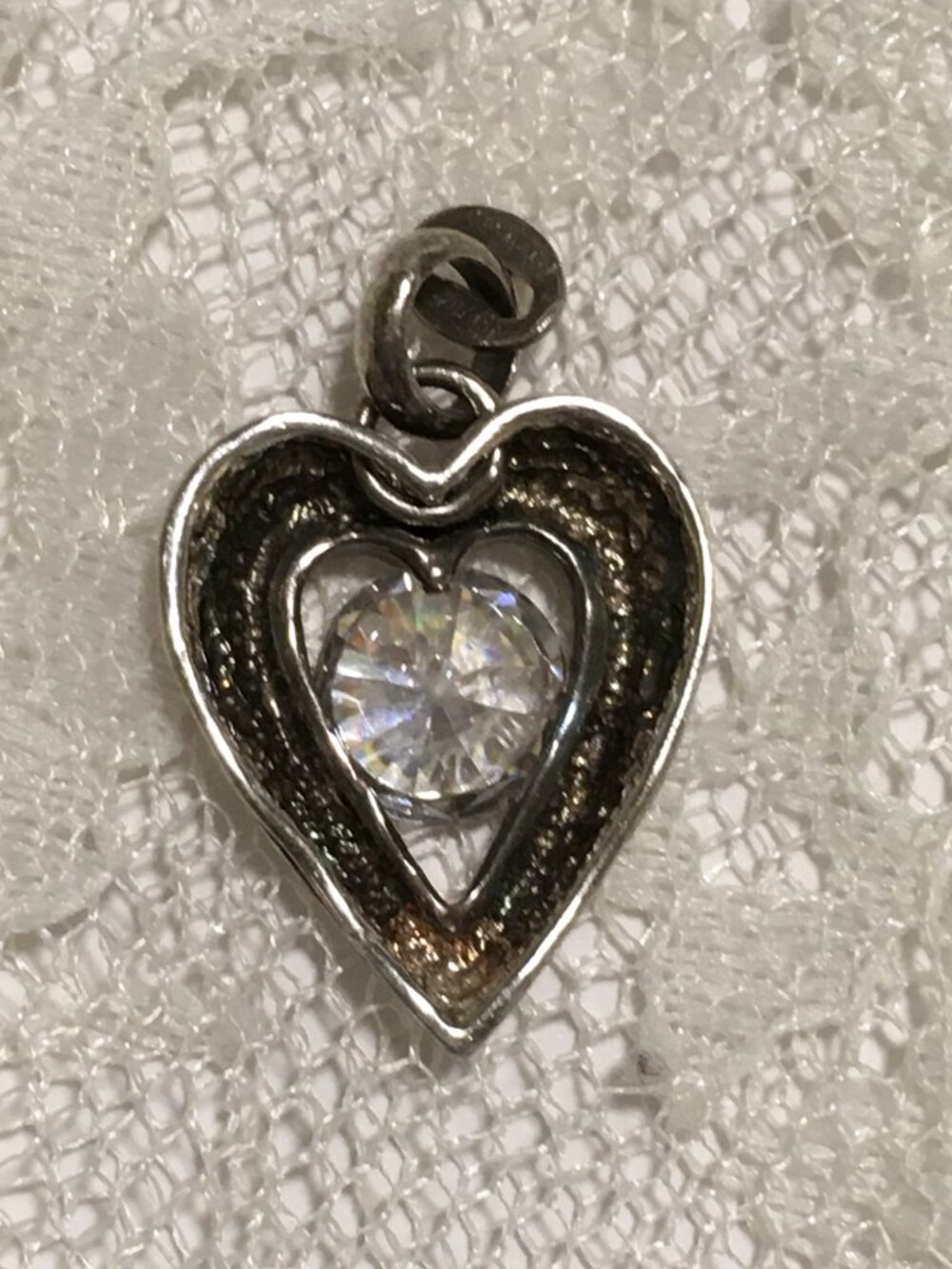 Vintage Sterling Silver Heart Charm Pendant Clear Faceted Stone - Picture 5 of 8